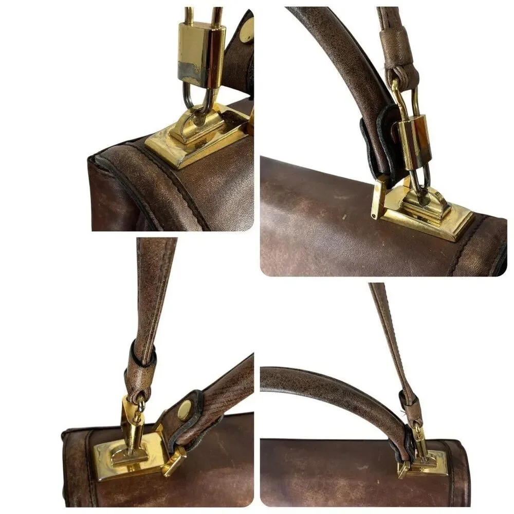 Gold Pfeil Leather Shoulder Bag Brown Medium Top Handle Shoulder Strap Vintage